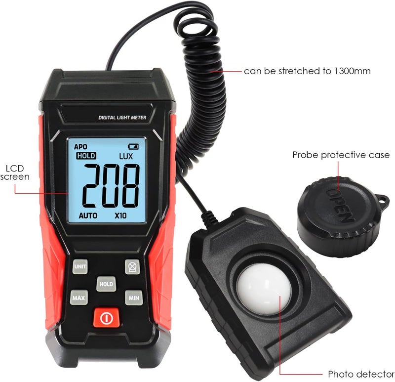 DANOPLUS Light Meter Digital Lux Meter Handheld Illuminance Light Meter with 360 Degree Rotating Sensor, 4 Digit LCD Display 0~200,000 Measurement Range Luxmeter Tester for Plants, Headlights, Home & Office - Image 3
